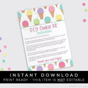 Instant Download Ice Cream Cone DIY Cookie Kit Instructies Afdrukbare kaart, Zomerwafelkegel Suiker Cookie Decorating Kit, #277AID VIP