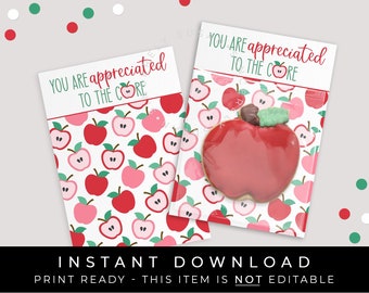 Instant Download Teacher Appreciated to The Core Apple Cookie Card Printable, School Teacher Appreciation Apples Cookie Backer, #260AID VIP