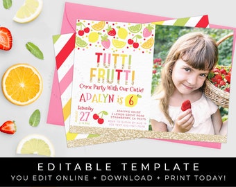 Tutti Frutti Birthday Invitation Girl Tutti Fruity Party Printable Photo Invite Fruit Any Age Editable Instant Template Download Corjl #076D