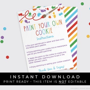 Descarga instantánea Instrucciones de cookies PYO Tarjeta imprimible, Pincel de colores primarios del arco iris Pinte su propio kit de galletas 3.5 x 5, #108BID VIP
