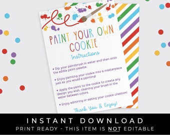 Instant Download PYO Cookies Instructions Printable Card, Primary Rainbow Colors Paintbrush Paint Your Own Cookie Kit 3.5 x 5, #108BID VIP