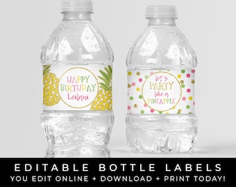 Pineapple Water Bottle Labels Birthday Party Printable Gold Glitter Confetti Personalized Decorations Editable Template Download, Corjl #072