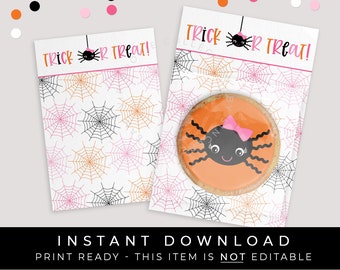 Instant Download Pink Halloween Spider Cookie Card Printable, Trick or Treat Spider Web Mini Cookie Card, #158BID VIP
