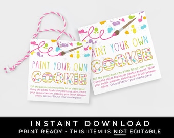Instant Download PYO Cookie Tag Printable, Paint Your Own Cookies Directions Sticker Label Square Tag Spring Rainbow, #255AID VIP
