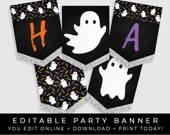 Ghost Halloween Party Banner Printable Halloween Birthday BOOthday Sprinkles Party Decorations Bunting Editable Template Download Corjl #073