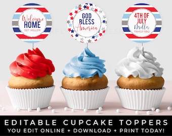 4th of July Tags, Patriotic Cupcake Toppers or Cookie Tag Printable, USA Independence Day Party Favor Decorations Template Download Corjl