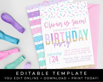 Sprinkles Rainbow Birthday Invitation Girl Ice Cream Party Pink Gold Glitter Printable Invite Editable Instant Template Download Corjl #039A