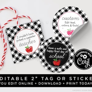 CUSTOMIZABLE Back to School Tag, Apple for Sweet Teacher Gift Tag, First Day of School Cookie Tag Printable Editable Template Corjl #144 VIP