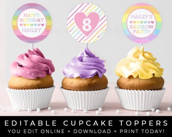 Rainbow Birthday Cupcake Toppers Party Decorations Pastel Hearts Printable Favor Sticker Tags Editable Instant Template Download, Corjl #015