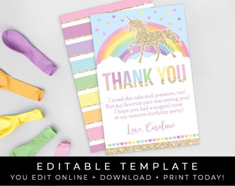 Magical Unicorn Thank You Card Rainbow Unicorn Birthday Party Printable Thanks Note Editable Instant Digital Template Download Corjl #018TY