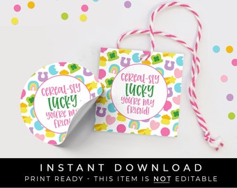 Instant Download Cereal-sly Lucky You're My Friend Charms Cookie Tag, Marshmallow Cereal Cookie St. Patrick's Day Printable Tag, #101GID VIP