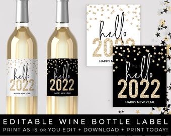 New Years Eve Hello 2022 Wine Bottle Label Sticker NYE Party Printable Champagne Gold Glitter Confetti Editable Template Download Corjl