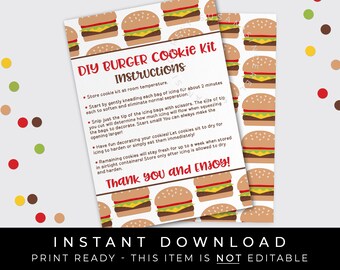 Instant Download Burger DIY Cookie Kit Instructions Printable Card, Hamburger Cheeseburger Royal Icing Cookie Decorating Kit, #278AID VIP