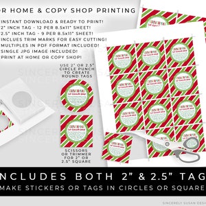 May include: Printable Christmas gift tags in red, green, and white with the text "Grinchmas Hot Chocolate Bomb" and trim marks for easy cutting. The tags are available in 2-inch and 2.5-inch sizes and can be made into circles or squares.