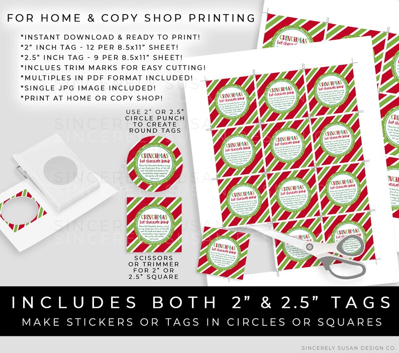 May include: Printable Christmas gift tags in red, green, and white with the text "Grinchmas Hot Chocolate Bomb" and trim marks for easy cutting. The tags are available in 2-inch and 2.5-inch sizes and can be made into circles or squares.