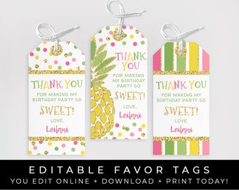 Gold Pineapple Birthday Favor Tag Printable Thank You Gift Tags Luau Party Favors Confetti Editable Instant Template Download Corjl #072