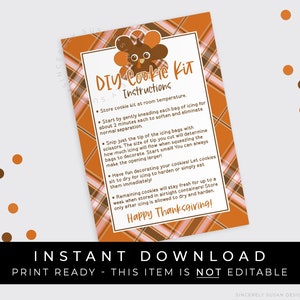 Instant Download Thanksgiving DIY Cookie Kit Instructions Printable Card, Fall Turkey Day Cookie Decorating Kit DIY 3.5 x 5", #201ID VIP