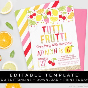 Tutti Frutti Birthday Invitation Girl Tutti Fruity Party Printable Invite Fruit Invitation Editable Instant Template Download Corjl #076C