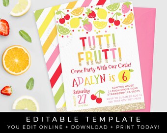 Tutti Frutti Birthday Invitation Girl Tutti Fruity Party Printable Invite Fruit Invitation Editable Instant Template Download Corjl #076C