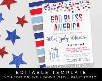 Patriotische Party Einladung Gott segne Amerika 4. Juli BBQ Sommer Grill Sterne Bearbeitbare Digitale Vorlage Download Druckbare, Corjl #063
