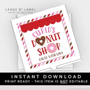 Étiquette de boîte à pizza Donut Shop de Cupidon de 20 cm à téléchargement immédiat, étiquette d'autocollant de boîte de Kit de biscuits donut de la Saint-Valentin imprimable, #221BID VIP
