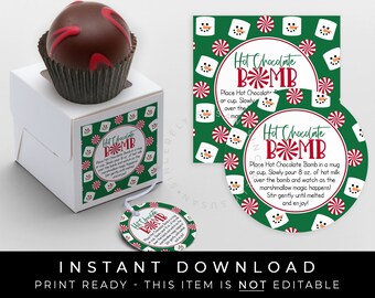 Instant Download Holiday Hot Chocolate Bomb Tag, Printable Marshmallow Snowman Peppermint Christmas Chocolate Bomb Directions, #192CID VIP