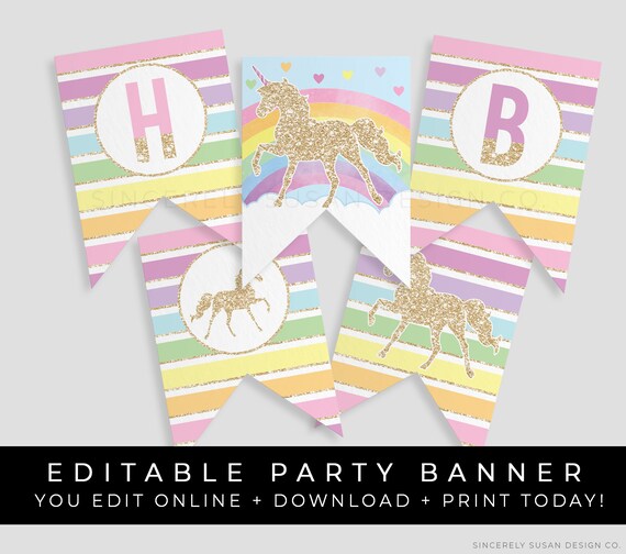 Magical Unicorn Rainbow Happy Birthday Banner – Pennant Flag Party Decor, 15 Panels + 2 Unicorn Ends