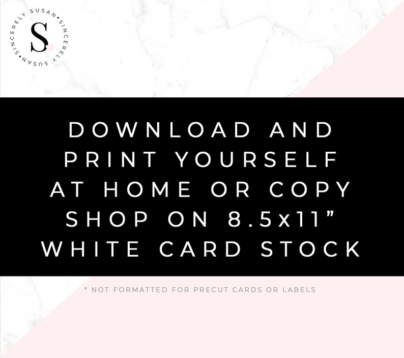 Puede incluir: Gr&aacute;fico en blanco y negro con el texto "DESCARGA E IMPRIME T&Uacute; MISMO EN CASA O COPIA LA TIENDA EN 8.5x11" CARTULINA BLANCA". La imagen tambi&eacute;n incluye el texto "* NO FORMATEADO PARA TARJETAS O ETIQUETAS PRE-CORTADAS".