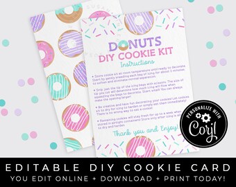 CUSTOMIZABLE DIY Donut Cookie Kit Instructions Printable Card, Sprinkles Sugar Cookie Decorating Kit Personalized Packaging, Corjl #116 VIP