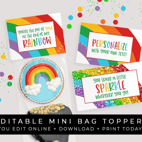 CUSTOMIZABLE Rainbow Bag Topper, St Patricks Day Personalized Printable Pot of Gold Mini Cookie Packaging Treat Bag Topper, Corjl #103 VIP