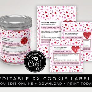 Könnte beinhalten: Ein Glas mit rosa und roten Süßigkeiten, zusammen mit mehreren Etiketten im Rezeptstil. Die Etiketten zeigen Herz- und Streusel-Muster mit dem Text "Cupid's Cure All 100 MG" und "Editable RX Cookie Labels".