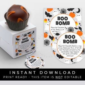 Instant Download Halloween Hot Chocolate Bomb Tag, Printable BOO Bomb Directions Instructions Halloween Ghost Bomb Gift Tag, #179AID VIP