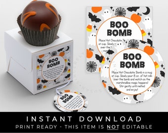 Instant Download Halloween Hot Chocolate Bomb Tag, Printable BOO Bomb Directions Instructions Halloween Ghost Bomb Gift Tag, #179AID VIP