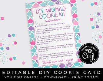 CUSTOMIZABLE Mermaid DIY Cookie Kit Instructions Printable Card Under the Sea Cookie Decorating Kit Personalized Download Corjl #138 VIP