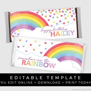 Rainbow Candy Bar Wrappers, Hearts Rainbow Birthday Party Favor Chocolate Personalized Party Printable Editable Template Download Corjl #016