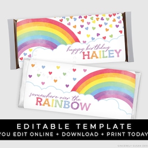 May include: Printable rainbow-themed chocolate bar wrapper with the text "happy birthday HAILEY" and "somewhere over the RAINBOW".
