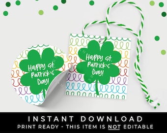 Puede incluir: Una etiqueta de regalo imprimible para el Día de San Patricio con un trébol verde y el texto "¡Feliz Día de San Patricio!" sobre un fondo blanco con remolinos de colores arcoíris.