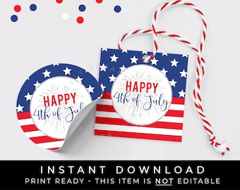 Étiquette à biscuits Happy 4 juillet à téléchargement immédiat, étiquette patriotique des Etats-Unis, drapeau américain, rouge, blanc et bleu, imprimable, #135AID VIP