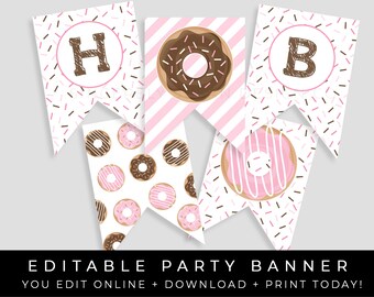 Pink Donut Birthday Banner Party Decorations for Girl Donuts Sprinkles Birthday Bunting Editable Printable Template Download, Corjl #004