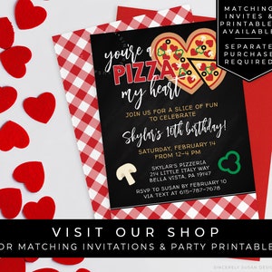 May include: A printable invitation for a 10th birthday party with a pizza theme. The invitation features a heart-shaped pizza with the text "You're a pizza my heart" and the words "Skylor's 10th birthday!" in gold lettering. The invitation is designed to look like a chalkboard with red and white gingham background.
