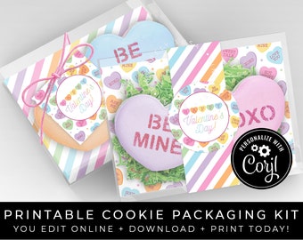 CUSTOMIZABLE Candy Hearts Valentine Cookie Packaging Kit, Sticker Tag Box Backer Wrap Valentine Conversation Talk Printable, Corjl #218 VIP