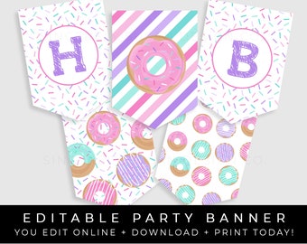 Donut Cumpleaños Banner Fiesta Decoraciones Sprinkles Confeti Personalizado Imprimible Bunting Editable Plantilla Instantánea Descargar, Corjl #002