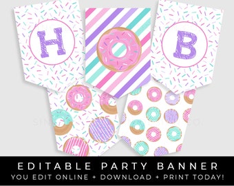 Donut Birthday Banner Party Decorations Sprinkles Confetti Personalized Printable Bunting Editable Instant Template Download, Corjl #002