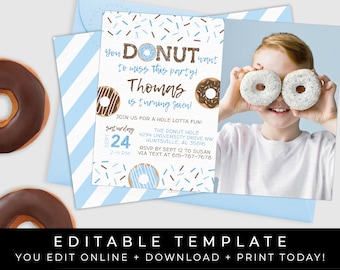 Donut Birthday Party Invitation Boy Blue Donut Sprinkles Photo Invite Printable Editable Instant Download Template, Corjl #003B