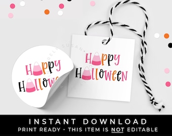 Instant Download Pink Candy Corn Happy Halloween Tag, Candy Corn Printable Halloween Cookie Tag, Halloween Treat Bag Tag, #153HID VIP