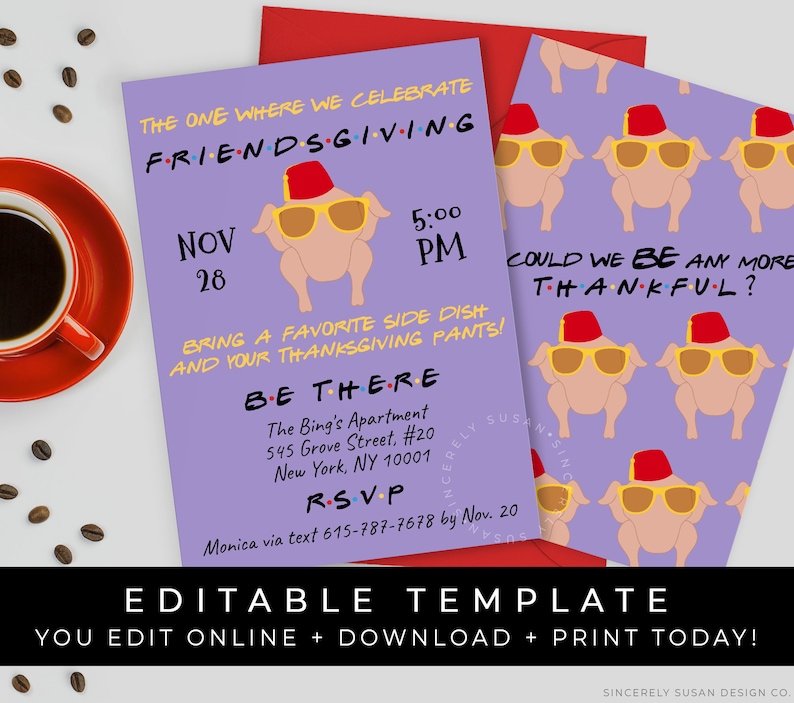 Friends Friendsgiving Invitation Thanksgiving Turkey Day Party Invite Friends TV Show Theme Printable Editable Template Download Corjl #084D