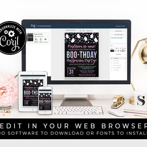 Op de afbeelding: Een digitaal ontwerptemplate voor een Halloween-partijuitnodiging. De uitnodiging heeft een zwarte achtergrond met kleurrijke sprinkels, geesten en de tekst "Madison is negen! Doe mee met ons voor een spookachtige BOO-THDAY Halloween-party!"