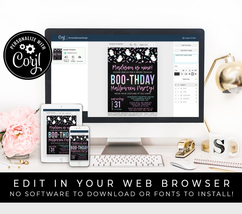Op de afbeelding: Een digitaal ontwerptemplate voor een Halloween-partijuitnodiging. De uitnodiging heeft een zwarte achtergrond met kleurrijke sprinkels, geesten en de tekst "Madison is negen! Doe mee met ons voor een spookachtige BOO-THDAY Halloween-party!"