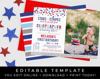 4th of July First Birthday Invitation 1st Firecracker Patriotic Stars Stripes Editable Photo Template Download Printable Invite, Corjl #058B