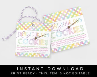 Instant Download Spring PYO Cookie Tag Printable, Pastel Easter Paint Your Own Cookies Directions Sticker Label Square Tag, #256CID VIP